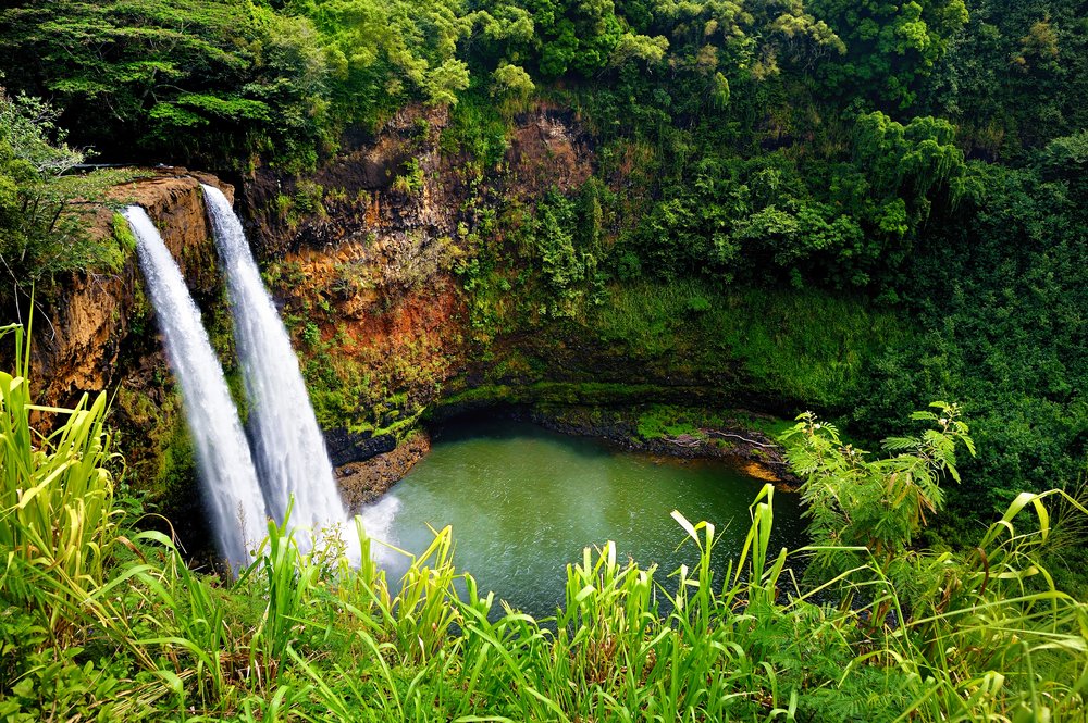 Majestic twin Wailua waterfalls on Kauai, Hawaii
