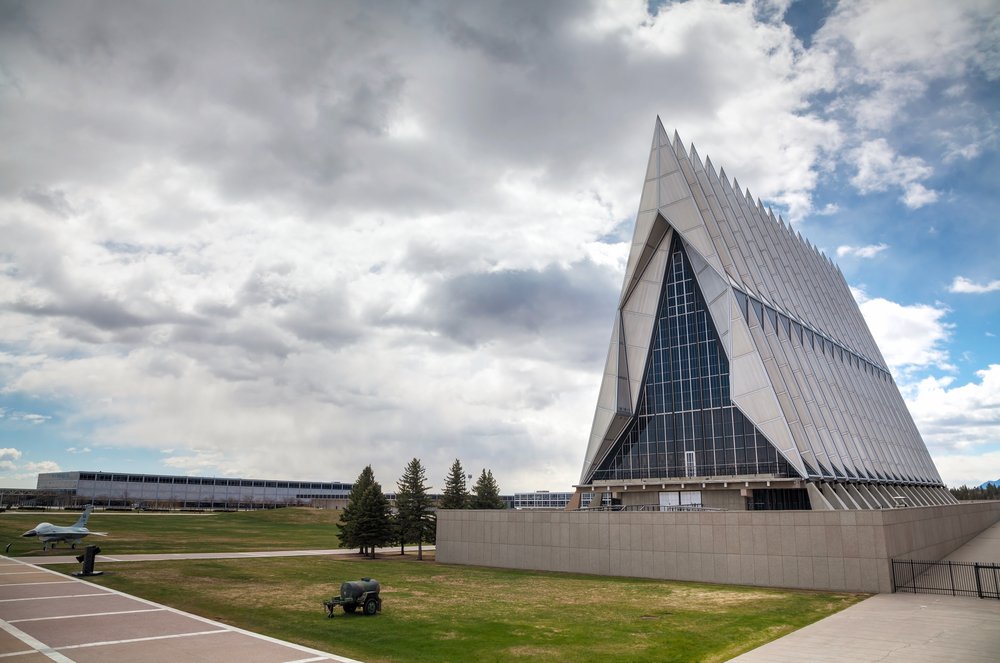 COLORADO SPRINGS, COLORADO - APRIL 28: United States Air Force Academy Cadet Chapel on April 28 in Colorado Springs, Colorado. It's a military academy for officer candidates for the United States Air Force