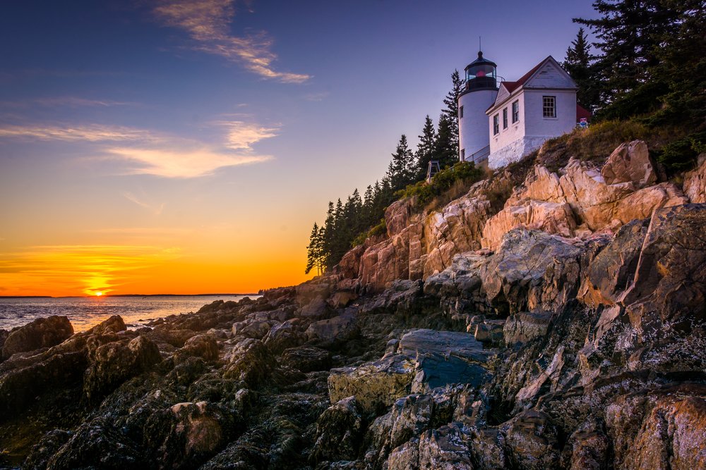 Bass Harbor Lighthouse at sunset, in Acadia National Park, Maine.